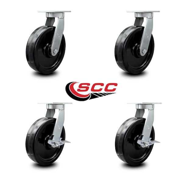10 Inch Extra Heavy Duty Phenolic Wheel Swivel Caster Set with 2 Brakes, 4PK